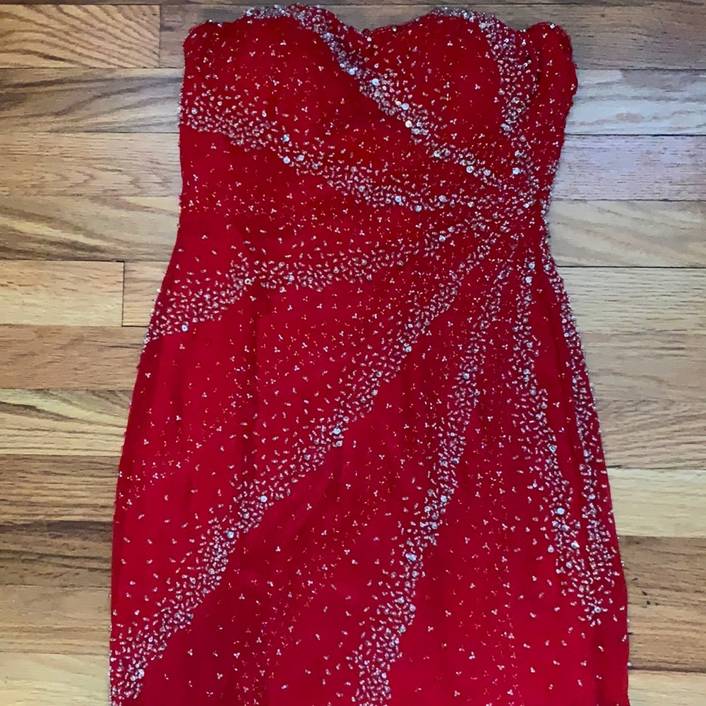 Riva designs red, beaded dress